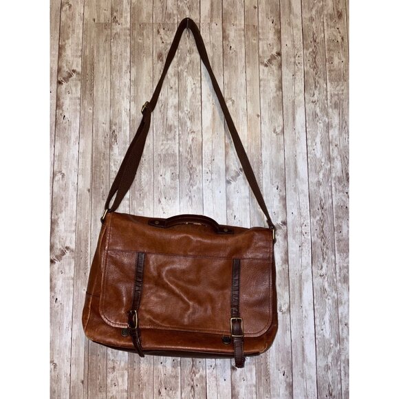 Men's Fossil Brown Leather Satchel Messenger Computer Laptop Bag Buckle Closure - Picture 1 of 16